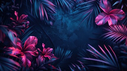 Wall Mural - Tropical palm leaves and large flowers in neon light. Exotic fashionable background. A place for the text.