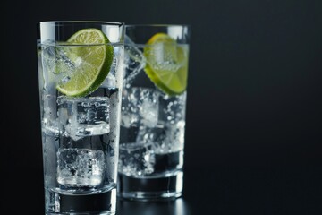 A pair of refrigerated glass bottles filled with lime juice and ice over dark brown backgrounds