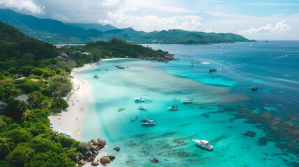 Wall Mural - his landscape shows a tropical paradise beach with boats and yachts on the white sand during summer time