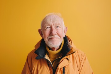 Wall Mural - Portrait of a jovial man in his 80s wearing a functional windbreaker on soft yellow background