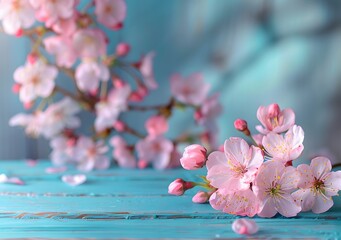 Sticker - Spring Blossom Background with Blue Wooden Table