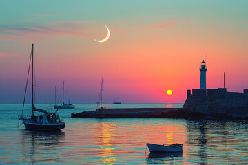 Poster - At sunset, lighthouses and sailboats