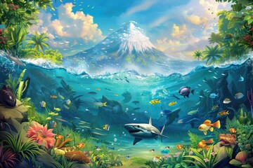 Wall Mural - Aquarium Illustration. Wallpaper with Tropical Bird and Shark Swimming in Fantastic River Scene Design