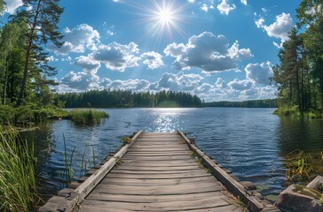 Canvas Print - Scenic Summer Lake with Wooden Dock