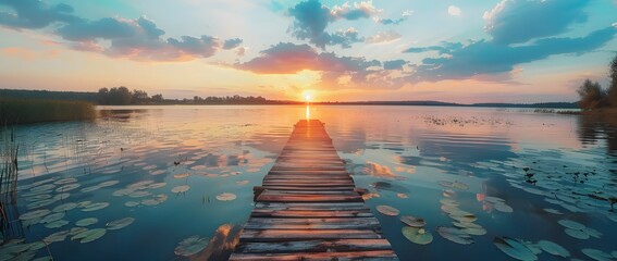 Canvas Print - Sunset Lake with Wooden Jetty and Lily Pads