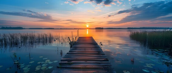 Wall Mural - Sunset Lake with Wooden Jetty & Lily Pads