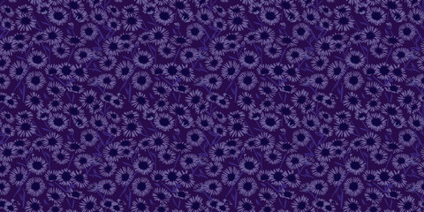 Wall Mural - Blooming violet wild meadow seamless pattern on a dark background. Vector hand drawing. Abstract artistic chamomile flowers printing. Ornament repeated for designs, fabric, textiles, fashion