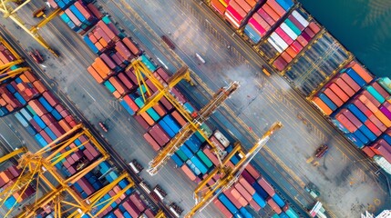 A dynamic modern port with cranes in action, loading containers onto ships against a backdrop of warehouses, representing international trade