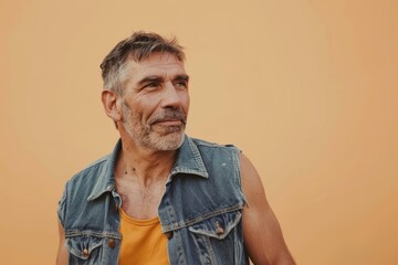 Wall Mural - Portrait of a content man in his 40s wearing a rugged jean vest over soft orange background