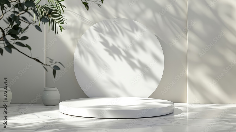 3D white product podium display with white background and tree shadow ...