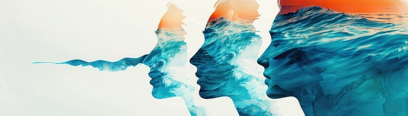 Sticker - Double Exposure of Woman's Faces with Ocean Waves.