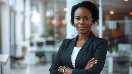 Wall Mural - Woman director in office, businesswoman portrait of black woman looking at camera with arms crossed. Company CEO chief woman portrait, businesswoman director with confident positive smile in office