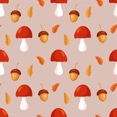 Wall Mural - Seamless pattern, mushrooms, rowan and leaves on a beige background. Autumn print, textile, background, vector