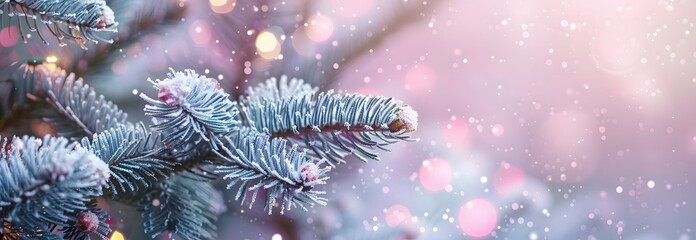 Poster - Frosted Pine Branch with Pastel Bokeh Lights