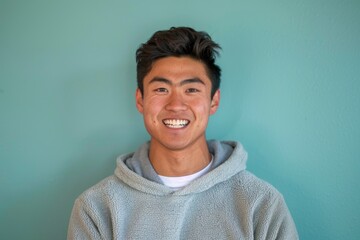 Wall Mural - Portrait of a smiling asian man in his 20s dressed in a comfy fleece pullover while standing against soft teal background