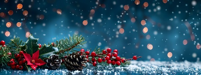 Sticker - Christmas Background with Snow, Holly, and Pine Cones