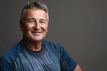 Wall Mural - Portrait of a satisfied caucasian man in his 50s sporting a breathable mesh jersey in soft gray background