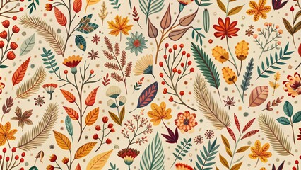 Poster - Whimsical autumnal floral pattern featuring tiny hand drawn twigs, leaves, and flowers on a delicate, simple abstract background.