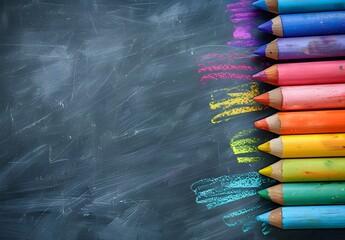 Canvas Print - Rainbow Chalks on Blackboard Background