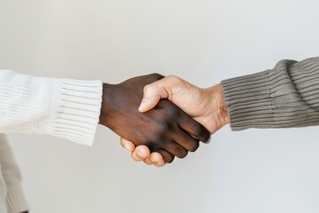 Concept of partnership and friendship shown through handshake between two white and black Person on white background