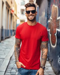 Sticker - A smiling man with tattoos walks down a cobblestone alley