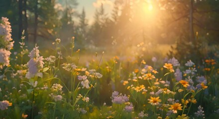 Wall Mural - A field of flowers with a bright sun shining through the trees