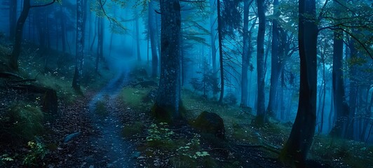 Wall Mural - Mysterious Forest Path in Blue Fog