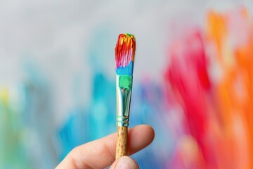 Poster - A hand holding a small paintbrush with colorful bristles, high-key, minimalistic background