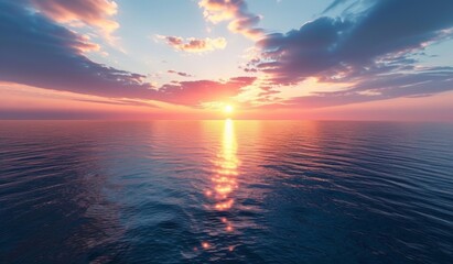 Wall Mural - beautiful sunset over the ocean with a blue sky, scenic view, calm seawater, drone aerial shot