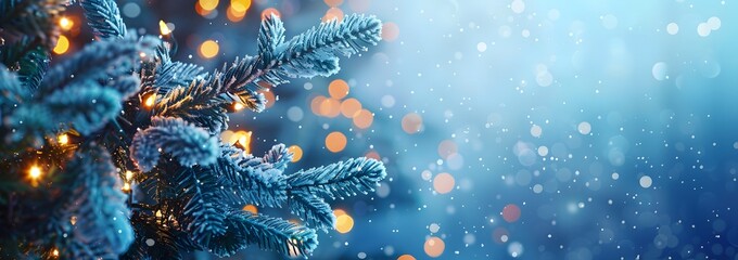 Poster - Frosty Christmas Tree Branch Lights Blue Background