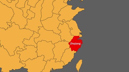 Poster - Zhejiang map animated video. Zhejiang location is highlighted on the China map colour with Gray background in video format.