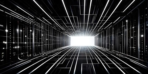 Wall Mural - black and white tunnel structure representing data and communication in abstract geometry