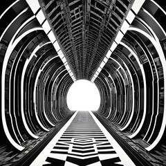 Wall Mural - black and white tunnel structure representing data and communication in abstract geometry
