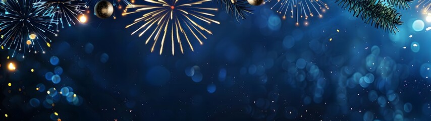 Wall Mural - New Year Fireworks Banner with Blue Background