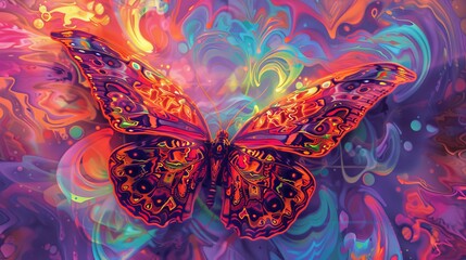 Sticker - Illustrate a psychedelic butterfly with wings covered in intricate, neon patterns, set against a swirling, colorful background.