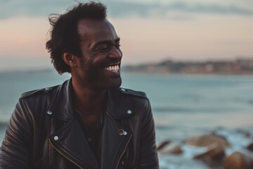 Wall Mural - Portrait of a grinning afro-american man in his 30s sporting a classic leather jacket while standing against serene seaside background