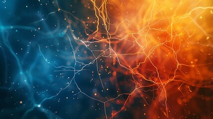 A modern science presentation with a bright Plexus background in orange and blue, minimalistic layout, high-quality image