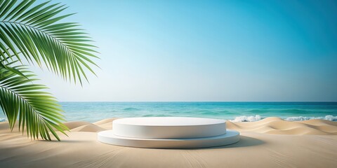 Poster - Abstract minimal display podium with summer beach scene, perfect for product or cosmetic presentation, render, abstract