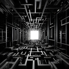 Wall Mural - black and white tunnel structure representing data and communication in abstract geometry