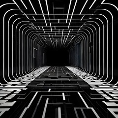Wall Mural - black and white tunnel structure representing data and communication in abstract geometry