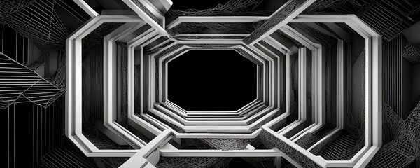 Wall Mural - black and white tunnel structure representing data and communication in abstract geometry