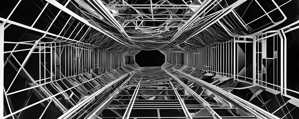 Wall Mural - black and white tunnel structure representing data and communication in abstract geometry
