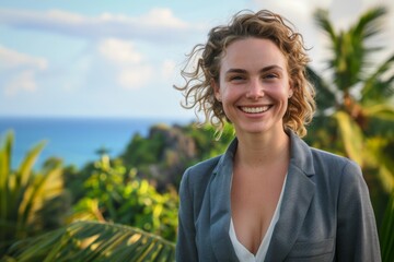 Wall Mural - Portrait of a joyful caucasian woman in her 30s wearing a professional suit jacket in tropical island background
