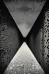 Wall Mural - black and white tunnel structure representing data and communication in abstract geometry