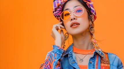 Wall Mural - Confident and Stylish Thai Woman in Vibrant Neo Pop Costume on Orange Background