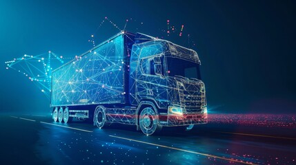 Poster - 3D abstract heavy lorry van isolated on blue. Highway road. Global freight shipping. Delivery vehicle, digital cargo logistics concept.