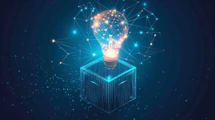 Leinwandbilder - Abstract open box and light bulb on geometric background. Wireframe structure for connections to lights. Modern 3D graphic concept. Isolated illustration.