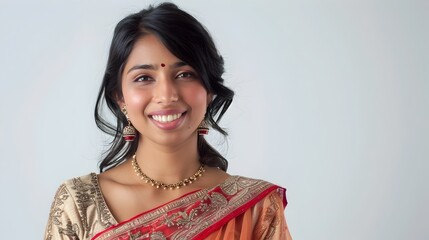 Wall Mural - Joyful Indian Woman in Vibrant Traditional Dress on White Background