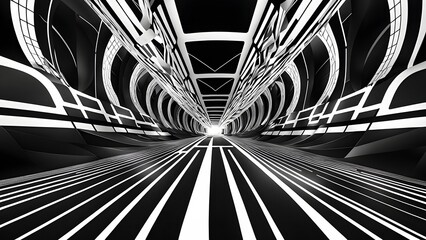 Wall Mural - black and white tunnel structure representing data and communication in abstract geometry