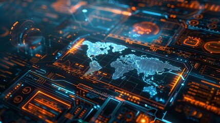 Poster - The computer screen is a hologram with a blue hologram of circular diagrams and statistics on a 3D world map.